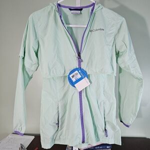 Girls Comlumbia Athena Windbreaker Long Jacket Sea Ice Green Purple Youth Medium